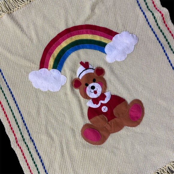Handmade Other - Handmade Baby Blanket Yellow Rainbow Teddy Bear Crocheted Fringe Vintage